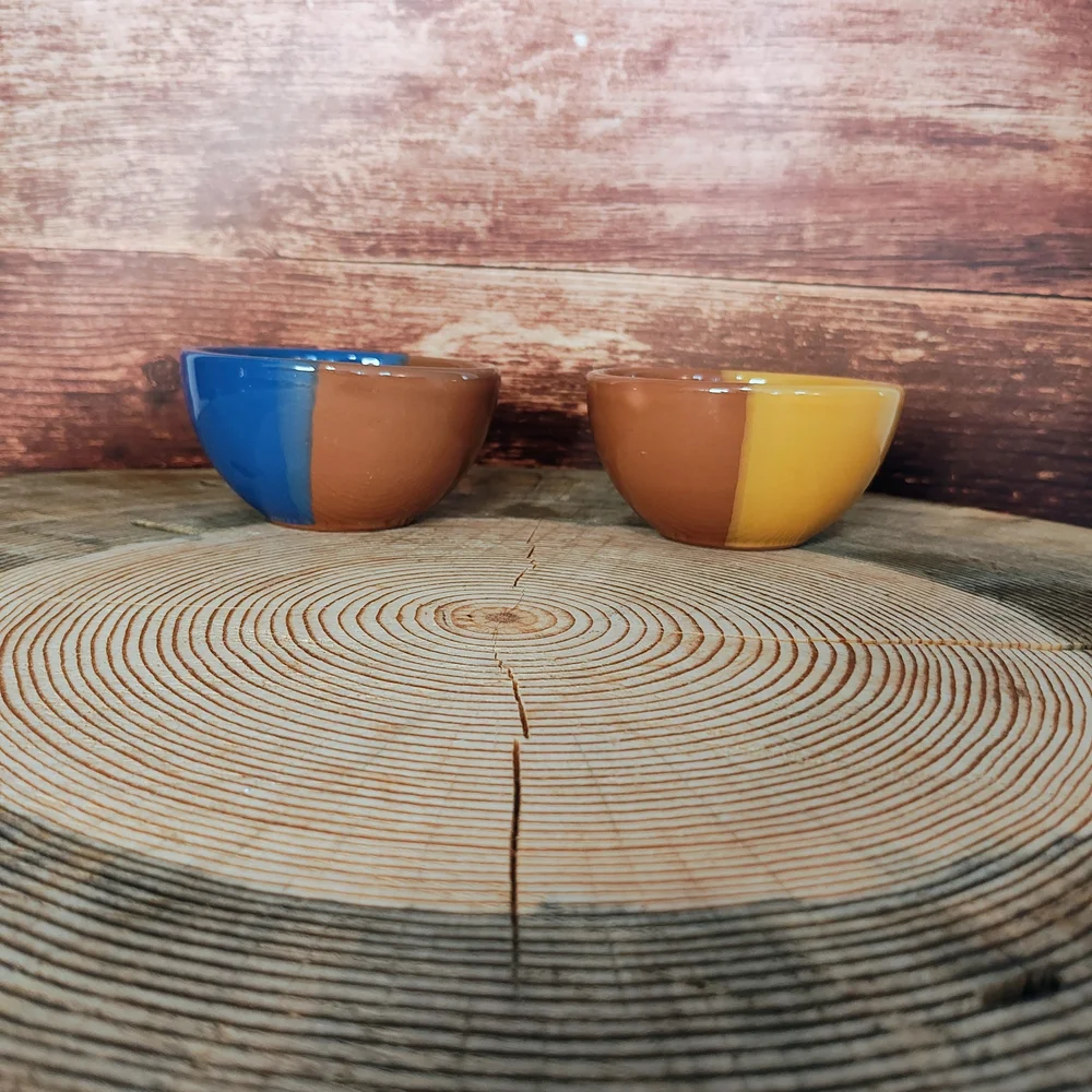 West Elm Two-Tone Ceramic Bowls - Blue, Brown, Yellow